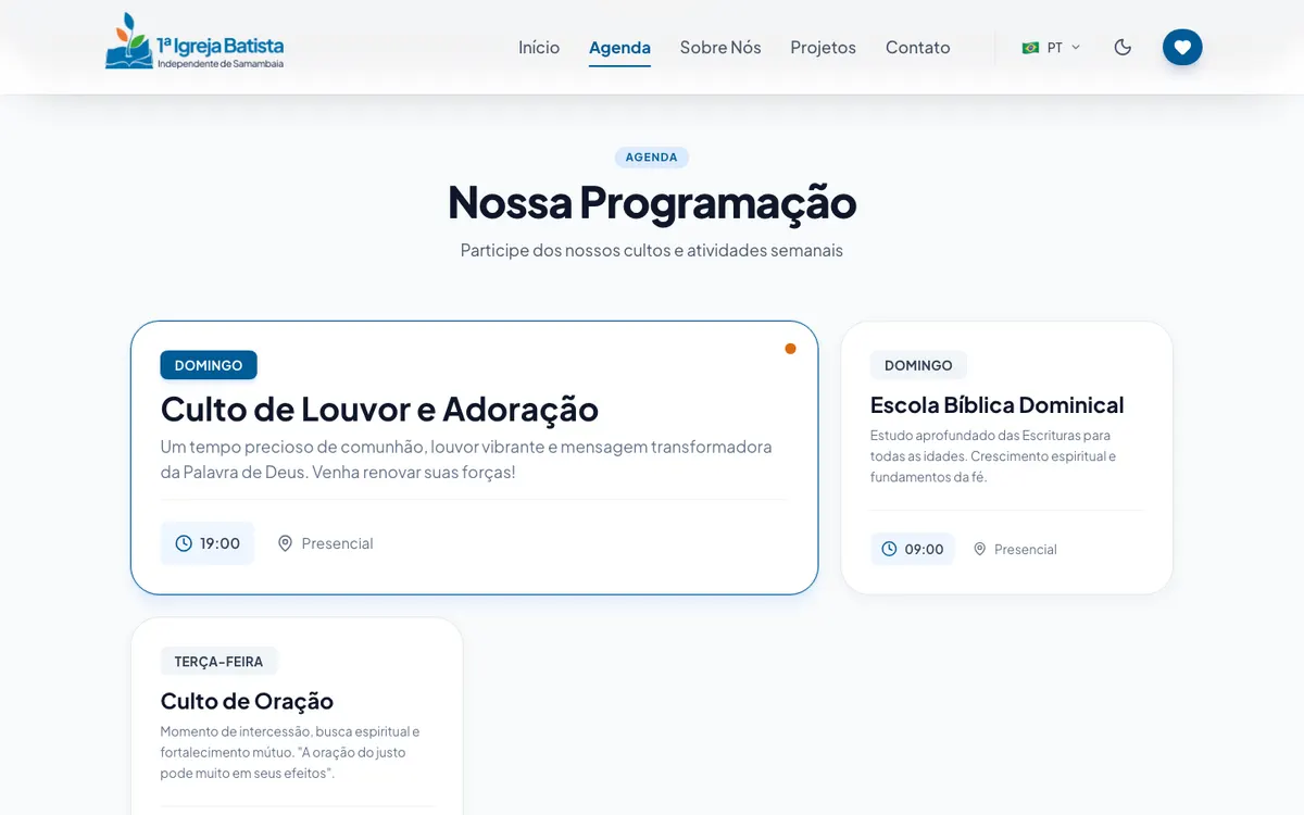 Seção “Nossa Programação” do site da IBISAM no desktop, com os cards de culto de louvor, escola bíblica e culto de oração, cada um com dia e horário