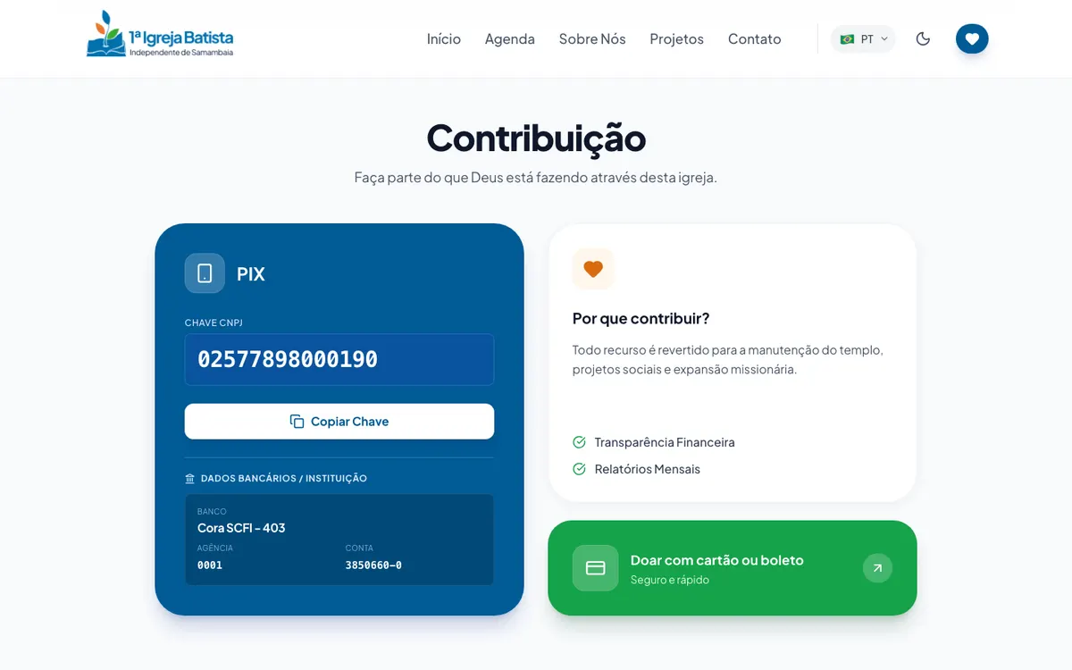 Seção “Contribuição” do site da IBISAM no desktop, com a chave PIX, o botão de copiar e as formas de ajudar