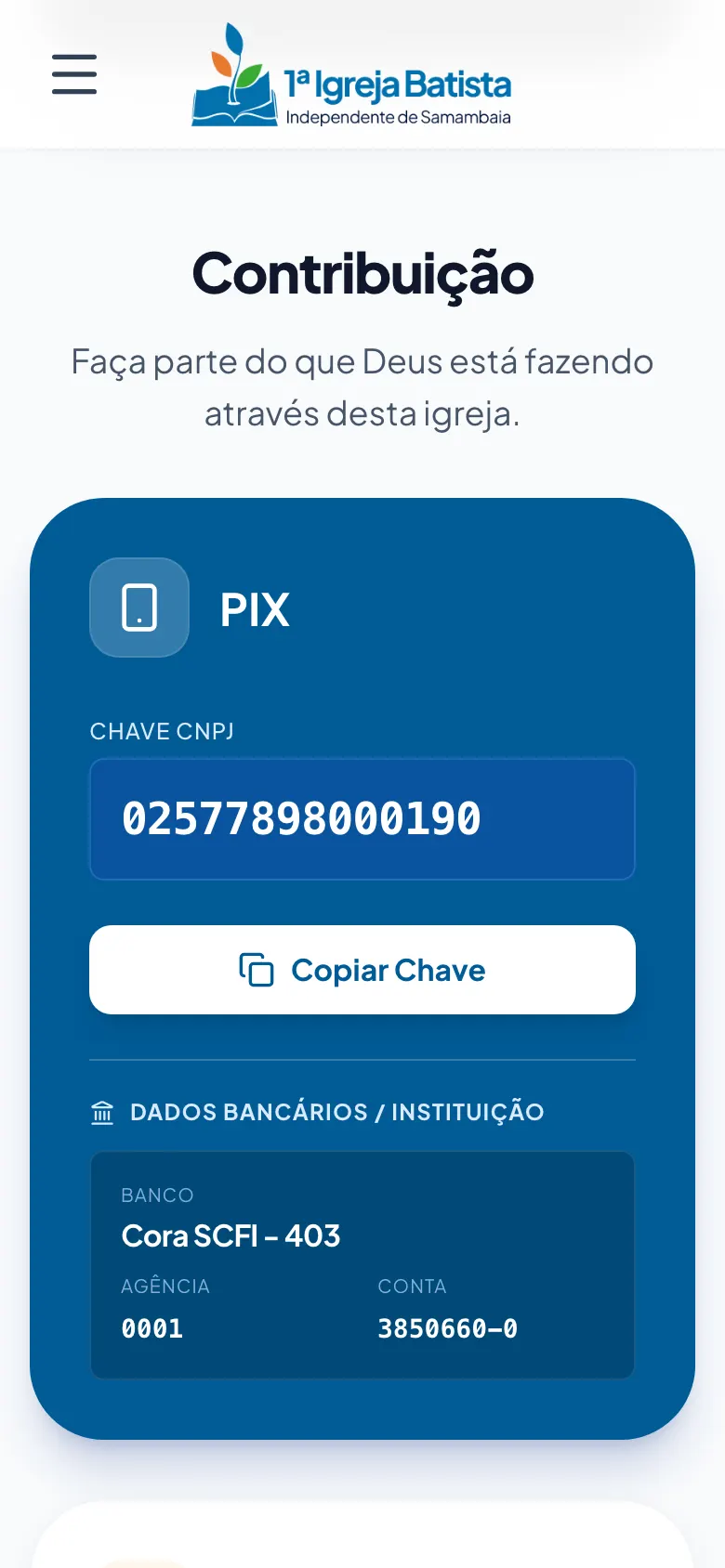 Seção “Contribuição” do site da IBISAM no celular, com a chave PIX e o botão de copiar