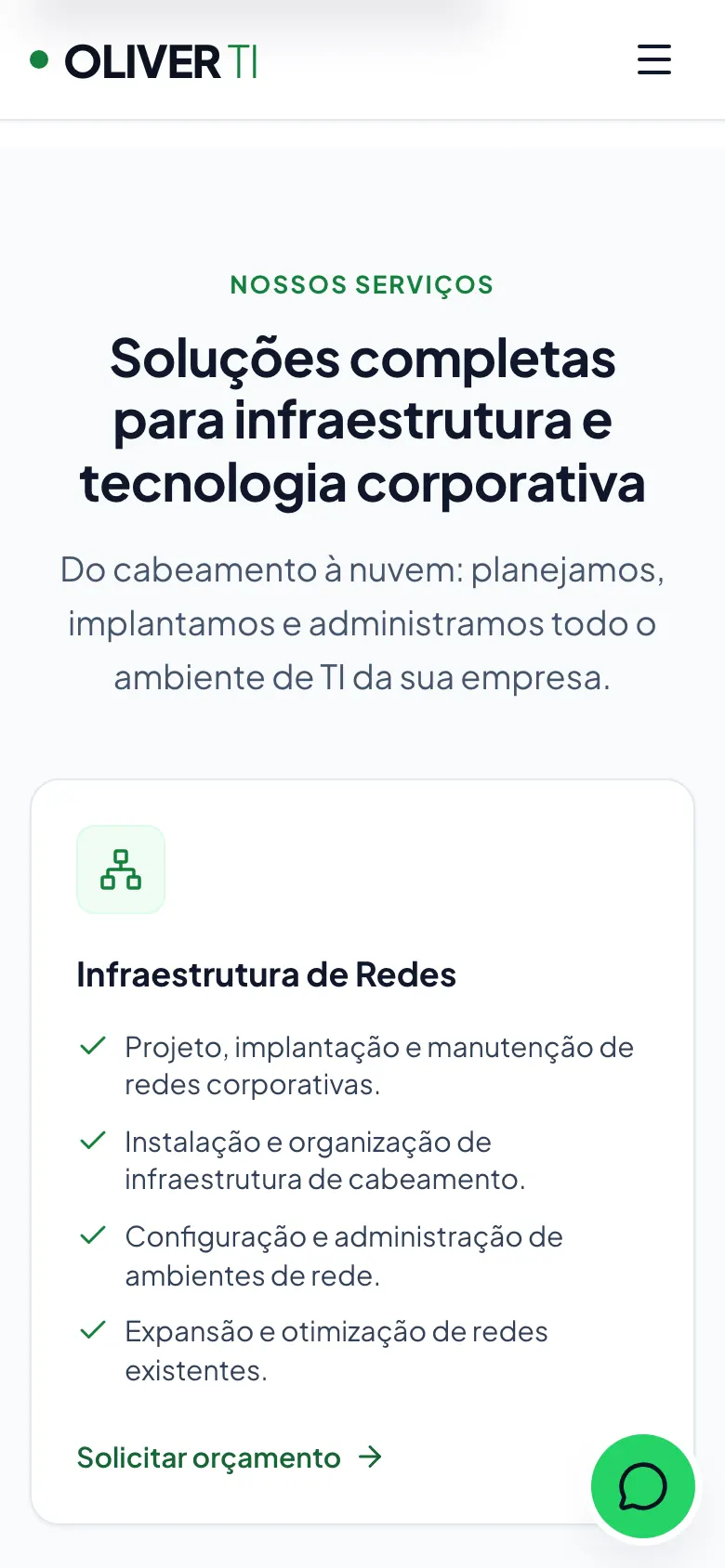 Seção de serviços do site da Oliver TI no celular, com os cards empilhados