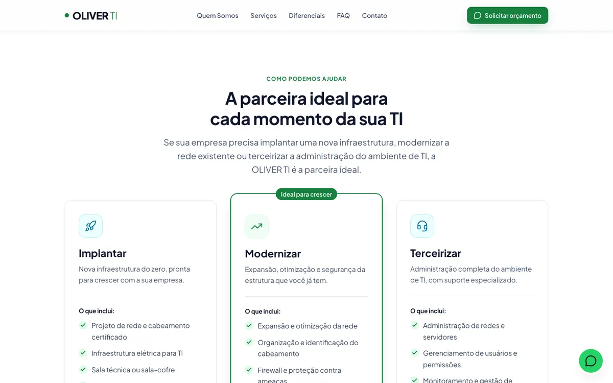 Seção “A parceira ideal para cada momento da sua TI” do site da Oliver TI, com as opções implantar, modernizar e terceirizar